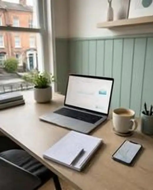 Slyne Digital desk with a laptop showing a client report, by a window in Dublin